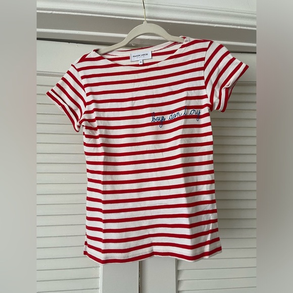 Anthropologie Tops - Red and white striped tshirt with embroidery size XS